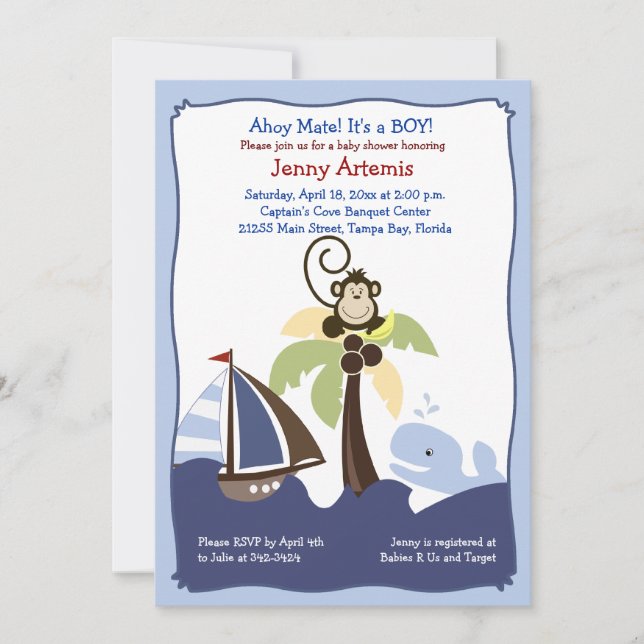 Ahoy Mate Whale, Sailboat & Monkey Invitation 5x7 (Devant)