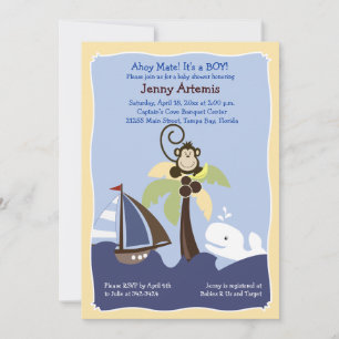 Ahoy Mate Whale, Sailboat & Monkey Invitation 5x7