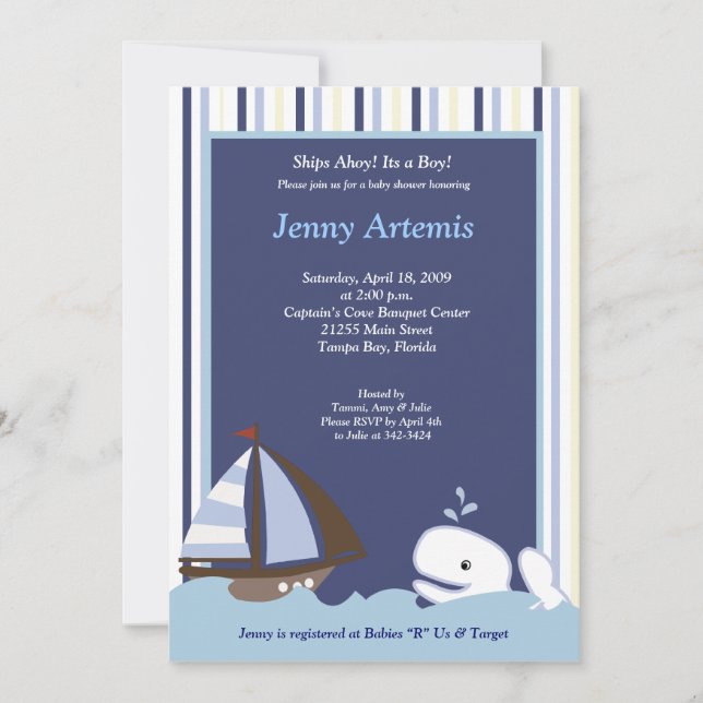 Ahoy Mate White Whale 5x7 Baby shower Invitation (Devant)