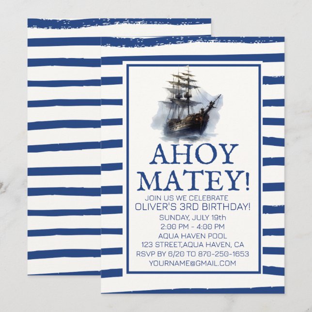 Ahoy Matey! Black Pirate Ship Birthday Einladung (Vorne/Hinten)