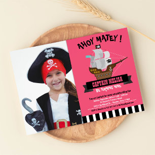 Ahoy Matey! Boat Pink Pirate Birthday Foto Einladung