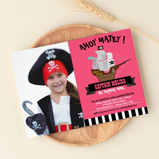 Ahoy Matey! Boat Pink Pirate Birthday Foto Einladung (Von Creator hochgeladen)
