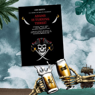 Ahoy Matey! Dark Pirates Skull Mascot Geburtstag Einladung