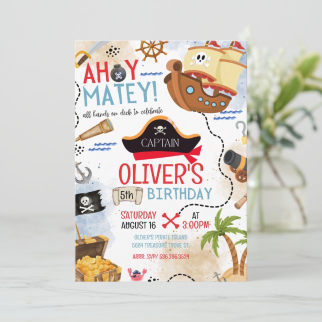 Ahoy Matey Pirate Birthday Invitation Kids Pirate  Einladung (Stehend Vorderseite)