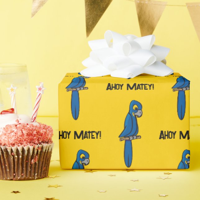 Ahoy Matey Pirate Parrot Cartoon, Funny Macaw Bird Geschenkpapier (Geburtstagsparty)