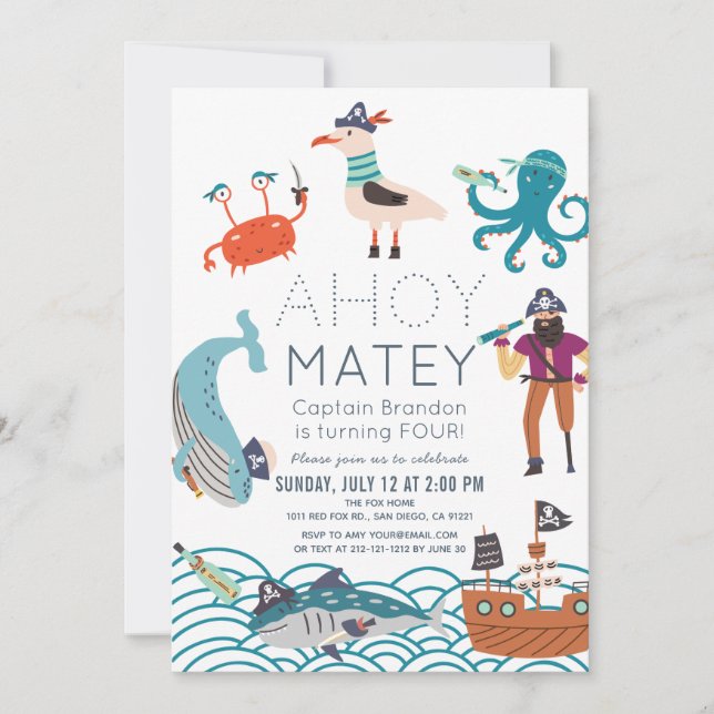 Ahoy Matey Pirate Sea Animal Birthday Einladung (Vorderseite)