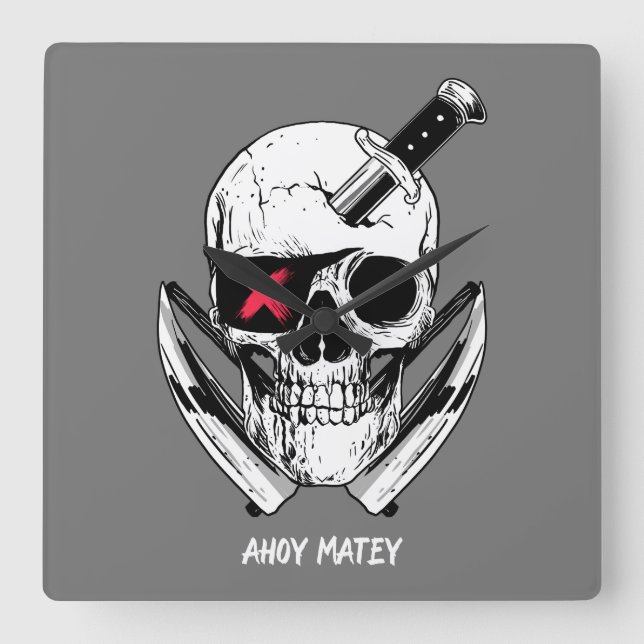 Ahoy Matey Pirate Skull Wall Clock Quadratische Wanduhr (Vorderseite)