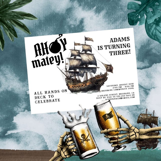 Ahoy Matey! White Pirate Ship Birthday Einladung (Von Creator hochgeladen)