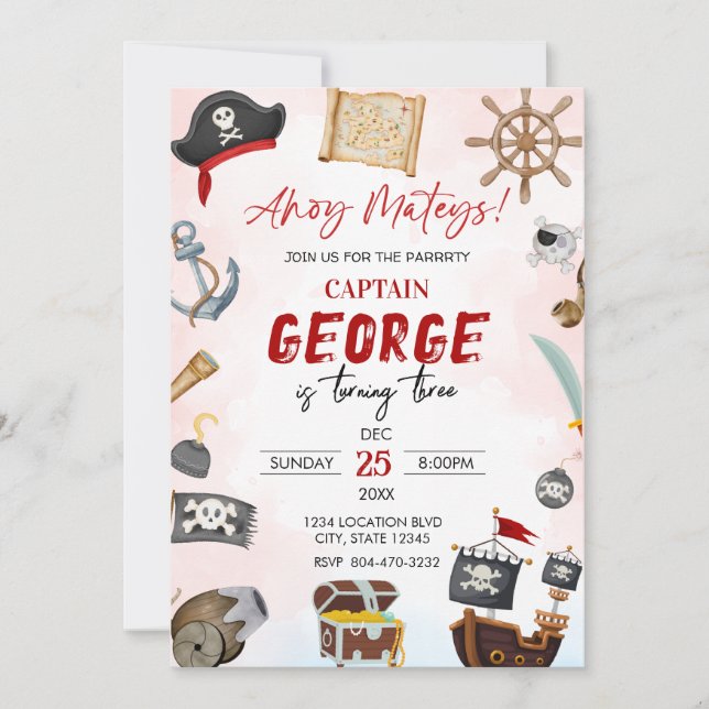 Ahoy mateys pirate Boy birthday  Invitation Einladung (Vorderseite)