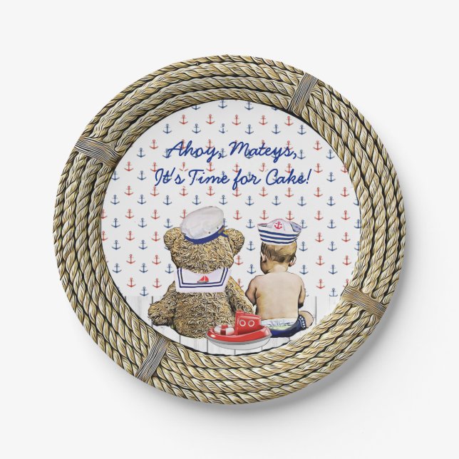 Ahoy, Matyes, Boy's Baby Shower Nautical Pappteller (Vorderseite)