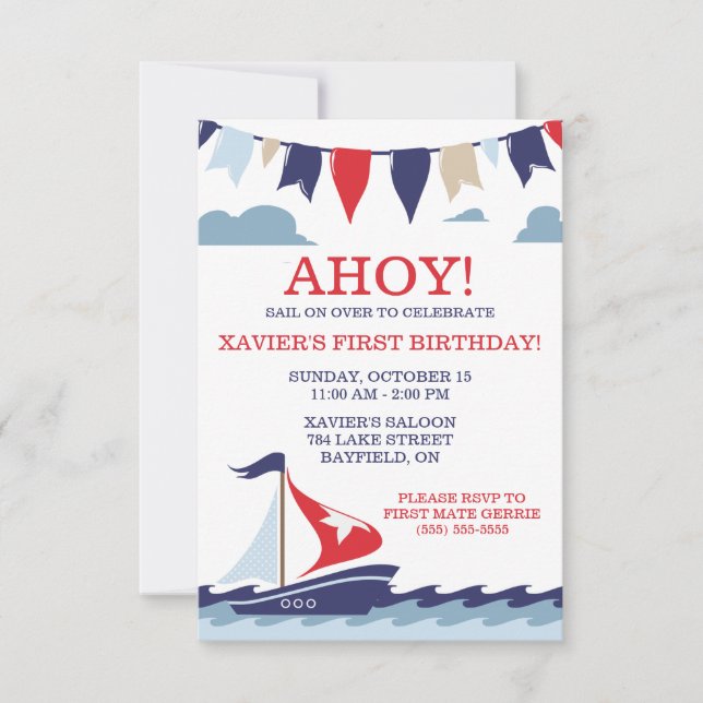 AHOY! Nautic Sailing Birthday Party Einladung (Vorderseite)