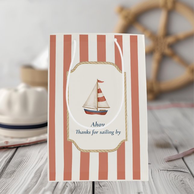 Ahoy Nautical Birthday | Red Stripes & Sailboat Mittlere Geschenktüte (Von Creator hochgeladen)