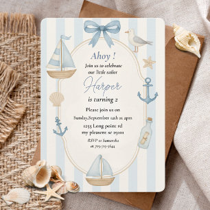 Ahoy Nautical Blue Birthday   Pastel Sailboat Einladung