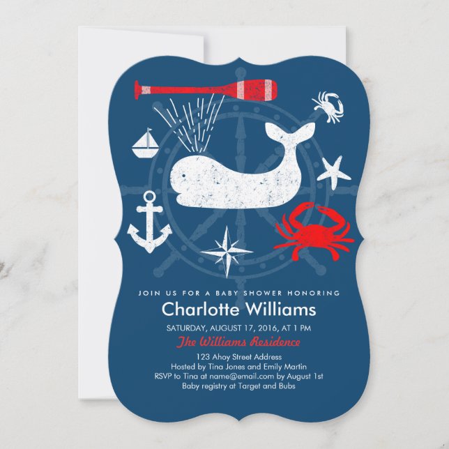 Ahoy Nautical Blue & Red Baby Dusche Einladung (Vorderseite)