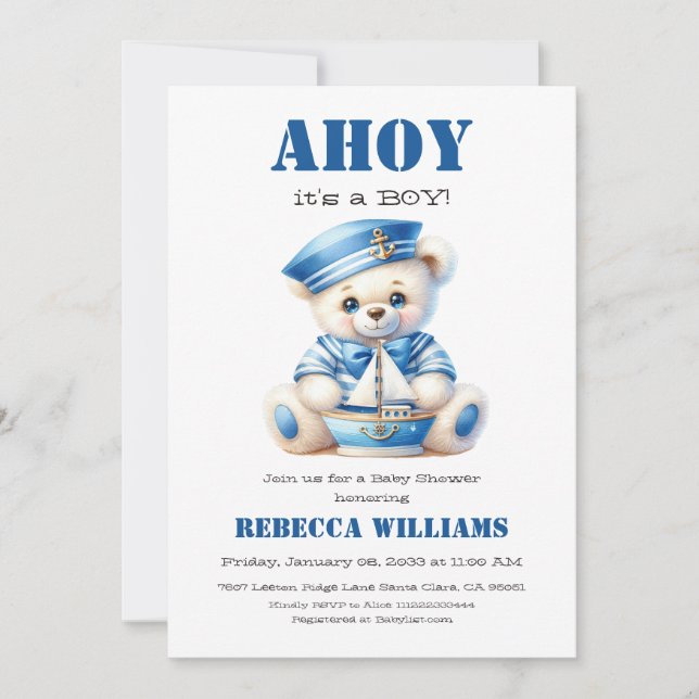 Ahoy Nautical Blue Sailor Bear Boy Baby Dusche Einladung (Vorderseite)