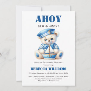 Ahoy Nautical Blue Sailor Bear Boy Baby Dusche Einladung