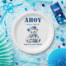 Ahoy Nautical Blue Sailor Bear Boy Baby Dusche