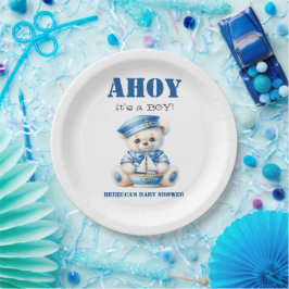 Ahoy Nautical Blue Sailor Bear Boy Baby Dusche Pappteller