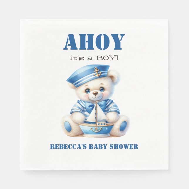 Ahoy Nautical Blue Sailor Bear Boy Baby Dusche Serviette (Vorderseite)