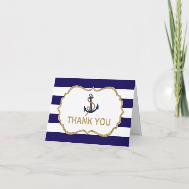 Ahoy Nautical Navy Blue Streifen Danke Karte (Vorderseite)
