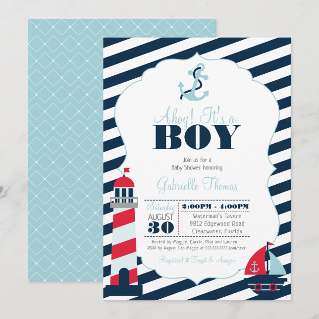 Ahoy Nautical Navy Blue Stripe Boy Baby Dusche Einladung (Vorne/Hinten)