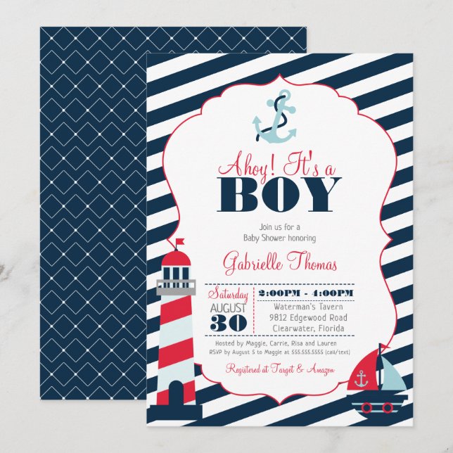 Ahoy Nautical Red Navy Stripe Boy Baby Dusche Einladung (Vorne/Hinten)