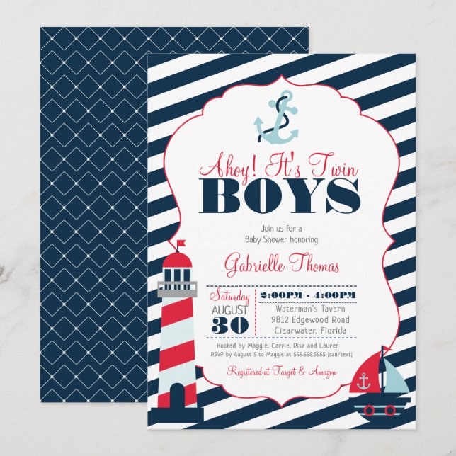 Ahoy Nautical Red Navy Stripe Twin Boy Baby Dusche Einladung (Vorne/Hinten)