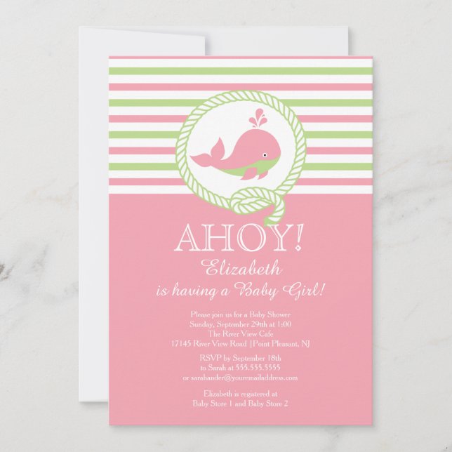 Ahoy! Nautical Whale Girls Babydusche Einladung (Vorderseite)