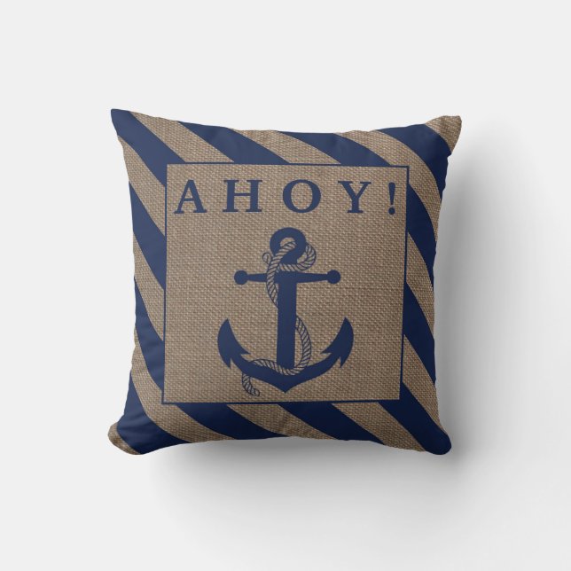 Ahoy! Nautische Anker Navy Blue & Burlap Streifen Kissen (Vorderseite)