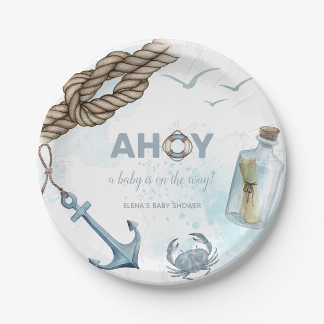 Ahoy! Nautische Baby-Duschpapier-Teller Pappteller (Vorderseite)