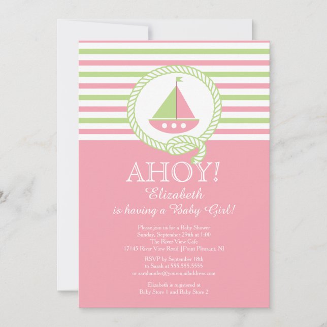 Ahoy Sailboat Nautical Girl Baby Shower Einladung (Vorderseite)