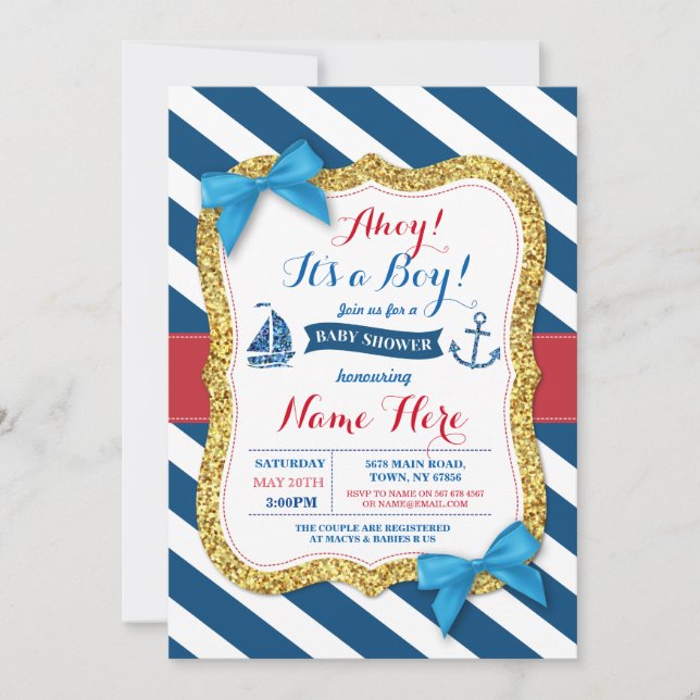 Ahoy Sailor Ancre Baby shower Blue Boy Invitation (Devant)