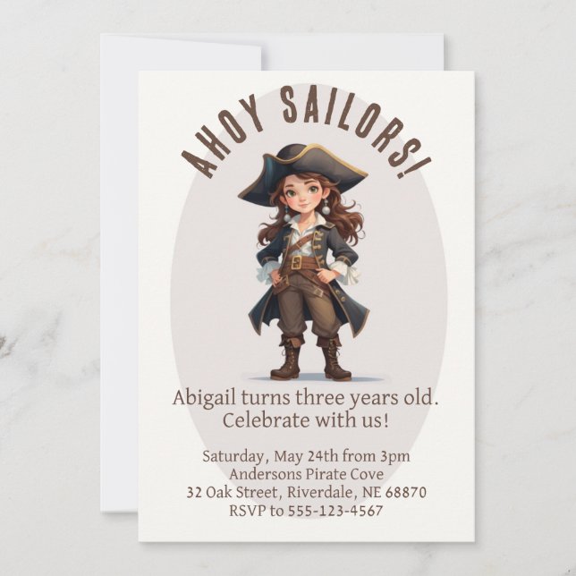 Ahoy Sailors! Einladung von Girl Pirate zum Geburt (Vorderseite)