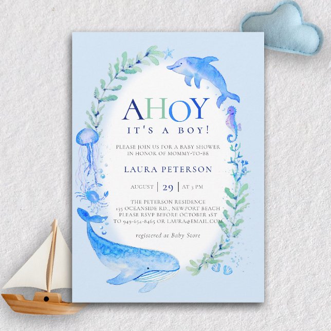 Ahoy Sea Animals Nautical Blue Boy Baby Dusche Einladung (nautical baby boy shower invitation ahoy under the sea whale dolphin blue watercolor modern cute)