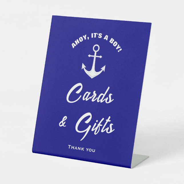 Ahoy sein a Boy Blue Baby Duschkarten & Geschenke  Sockelschild (Vorderseite)