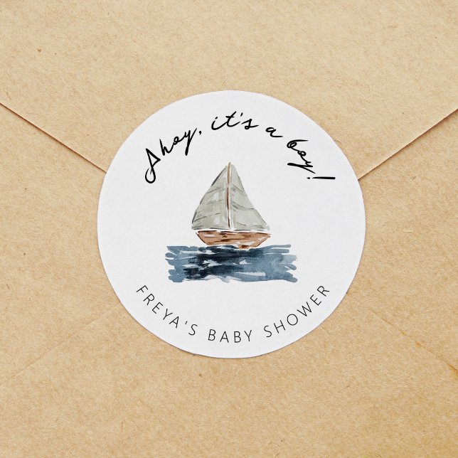 Ahoy sein a Boy Nautical Sailboat Babydusche Runder Aufkleber (Von Creator hochgeladen)