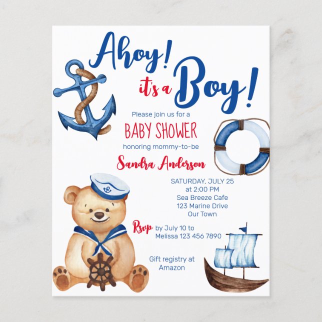 Ahoy sein Junge Teddy Bär Baby Dusche Budget Inviv (Vorderseite)