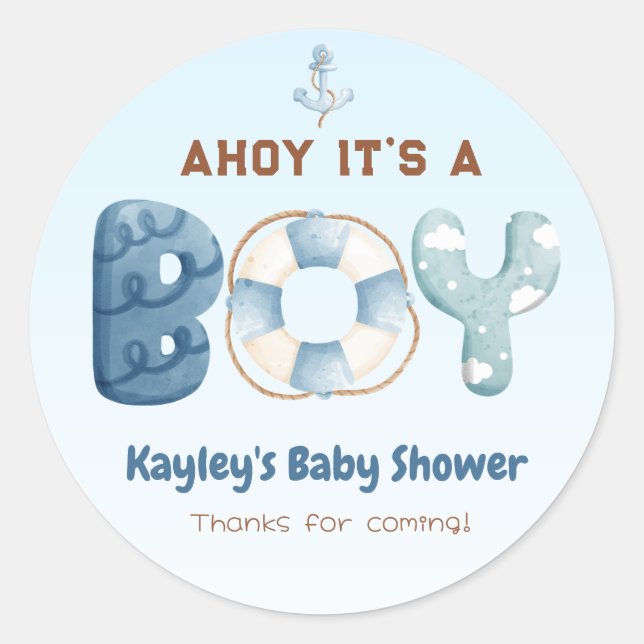 Ahoy seine a Boy Baby Dusche Gefallen Aufkleber (Vorderseite)