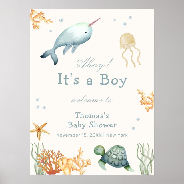 Ahoy Under Sea Whale Boy Baby Dusche Empfang Poster (Vorne)