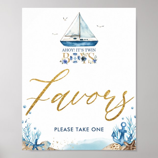 Ahoy's Twin Boys Nautical Baby Shower Favors Poster (Vorne)