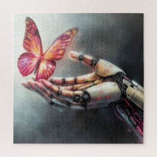 AI and Nature Harmony Robot Hand with Butterfly