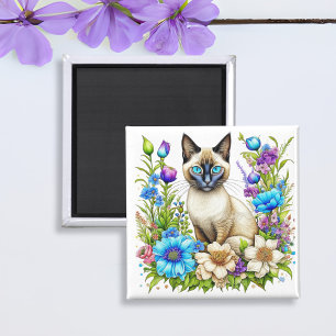 Ai-Aquarell-Siamesische Katze in Blumen  Magnet