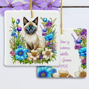 Ai Aquarell Siamesische Katze in Blumen Personalis Keramikornament
