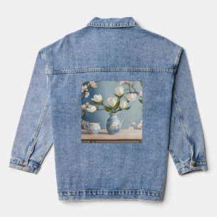 AI Art Blanc Magnolia Fleurs Denim Veste