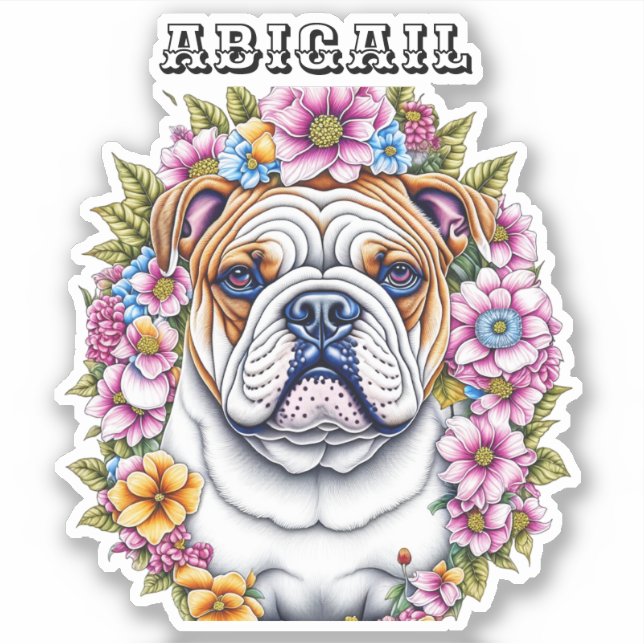 Ai Art Bulldog umgeben von Whimsikischen Blume Aufkleber (Vorderseite)