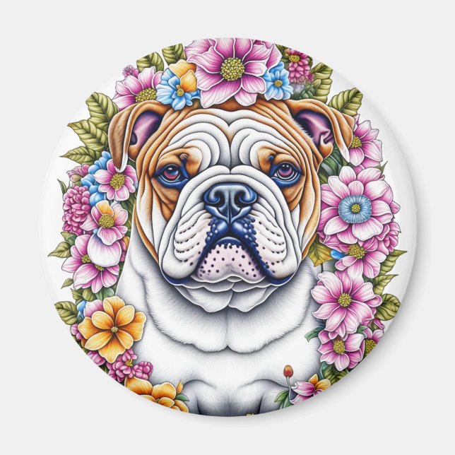 Ai Art Bulldog umgeben von Whimsikischen Blume Magnet (Vorne)