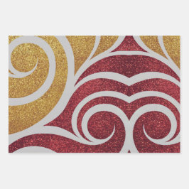 AI Art Luxe Gold Glitzer Red Wirbel Geschenkpapier Set