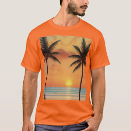 AI Art Morning Sunrise Beach Palm Tree T - Shirt