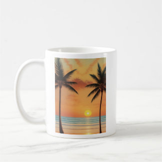 AI Art Morning Sunrise Beach Palmen Kaffeetasse