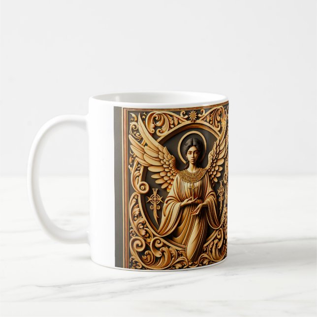 AI Beautiful Woodworked Angel Kaffeetasse (Links)